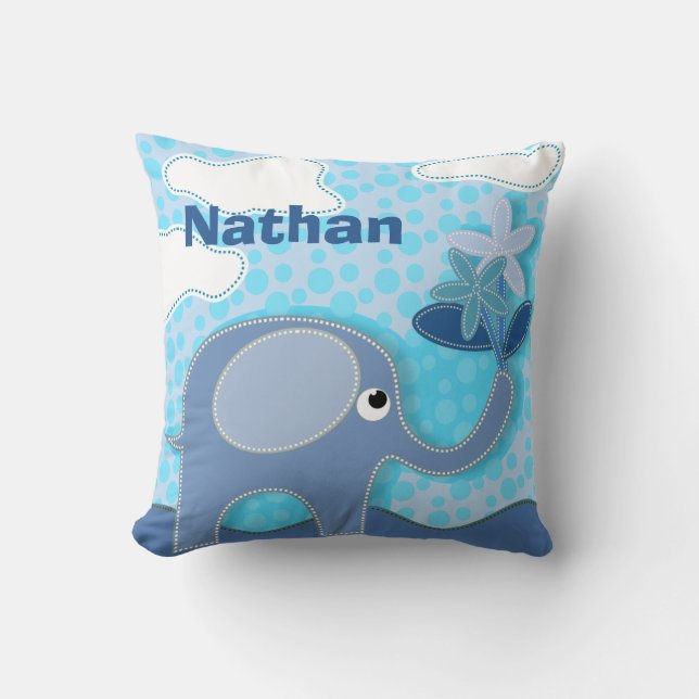 Baby Blue Elephant und Blume Personalisiert Kissen (Vorderseite)