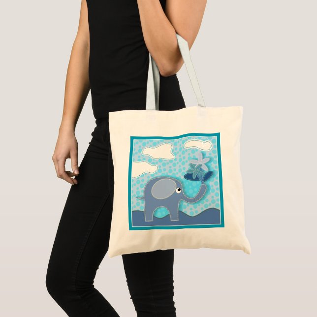 Baby Blue Elephant und Blume Tragetasche (Vorderseite (Produkt))