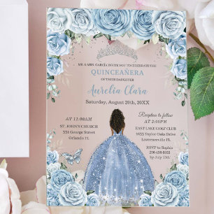 Baby Blue Floral Brown Princess Silver Quinceañera Acryleinladungen
