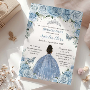 Baby Blue Floral Brown Princess Silver Quinceañera Einladung