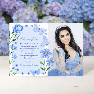 Baby Blue Floral Butterfells Foto Quinceañera Dankeskarte