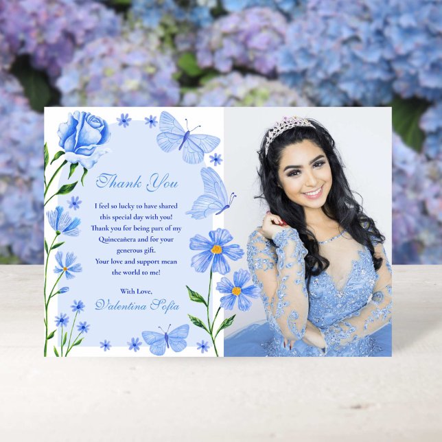 Baby Blue Floral Butterfells Foto Quinceañera Dankeskarte (Baby Blue Floral Butterflies Photo Quinceañera Thank You Card)