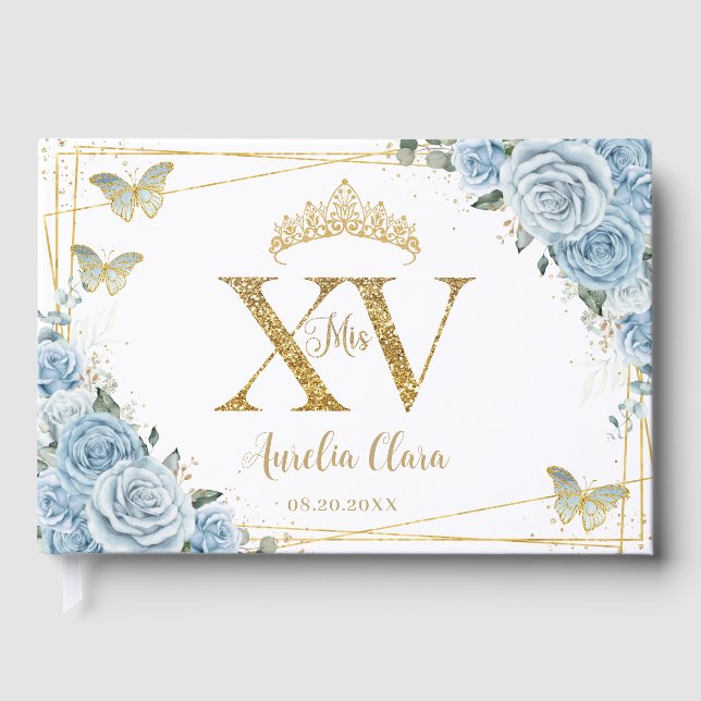 Baby Blue Floral Butterfells Gold Quinceañera XV Gästebuch (Vorderseite)
