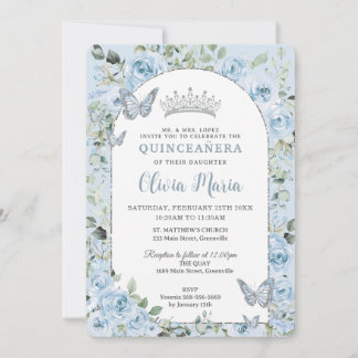 Baby Blue Floral Butterfells Quinceañera Foto Einladung