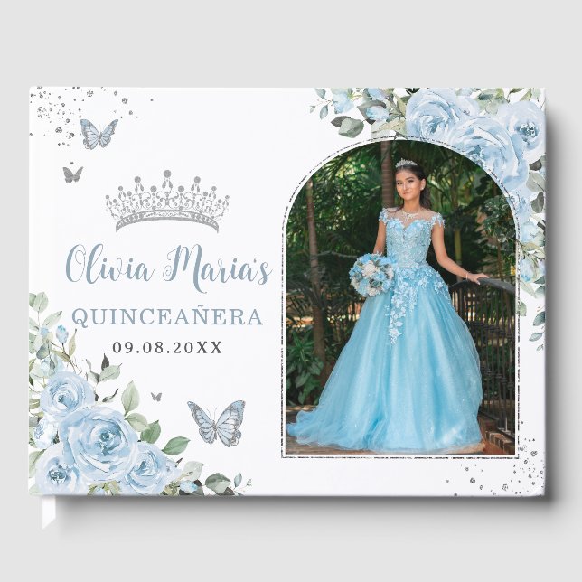 Baby Blue Floral Butterfells Quinceañera Foto Gästebuch (Vorderseite)
