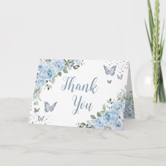 Baby Blue Floral Butterfells Silver Quinceañera Dankeskarte (Vorderseite)