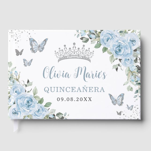Baby Blue Floral Butterfells Silver Quinceañera Gästebuch (Vorderseite)