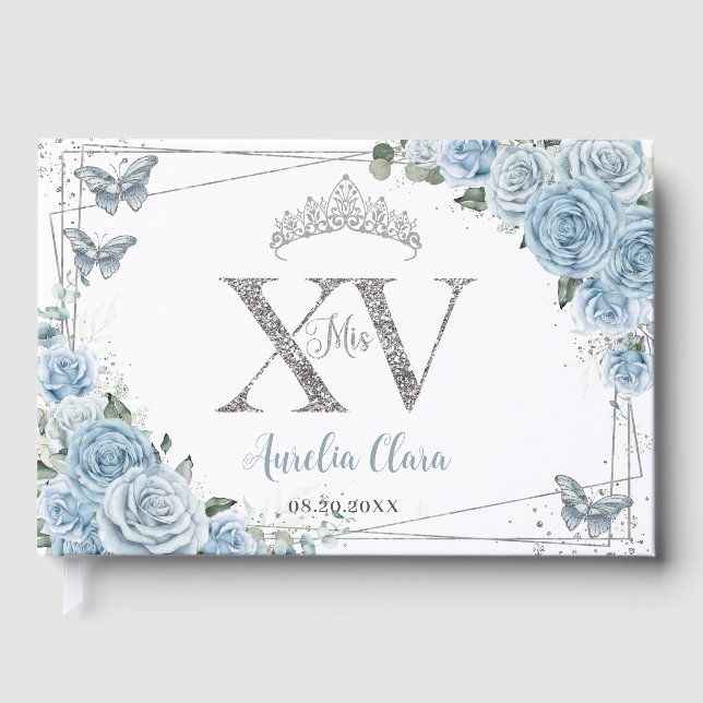 Baby Blue Floral Butterfells Silver Quinceanera XV Gästebuch (Vorderseite)