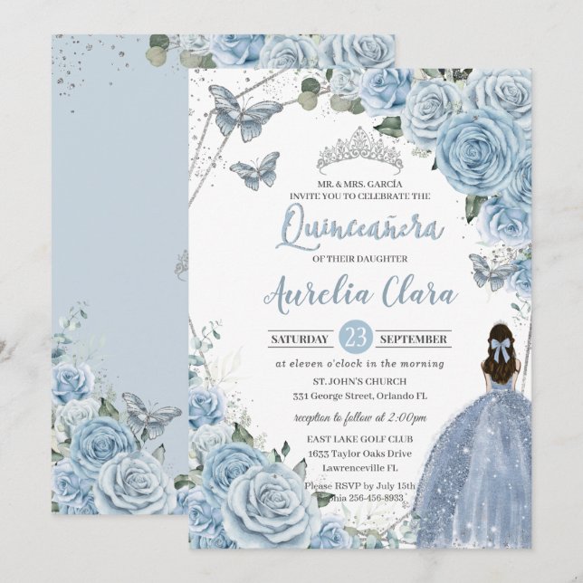 Baby Blue Floral Butterflies Princess QUINCEAÑERA Einladung (Vorne/Hinten)