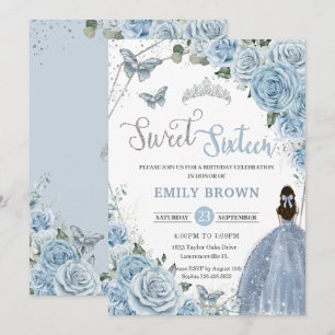 Baby Blue Floral Butterflies Princess Sweet 16 Einladung