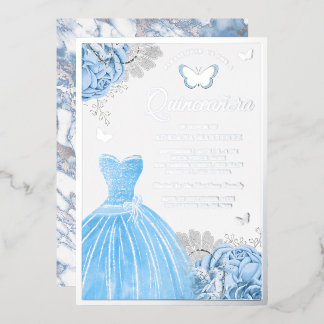 Baby Blue Floral Butterfly Quinceanera Silver Folieneinladung