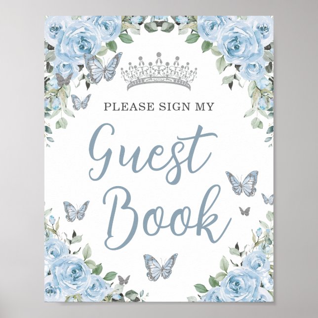 Baby Blue Floral Butterfly Quinceñera Gästebuch (Vorne)