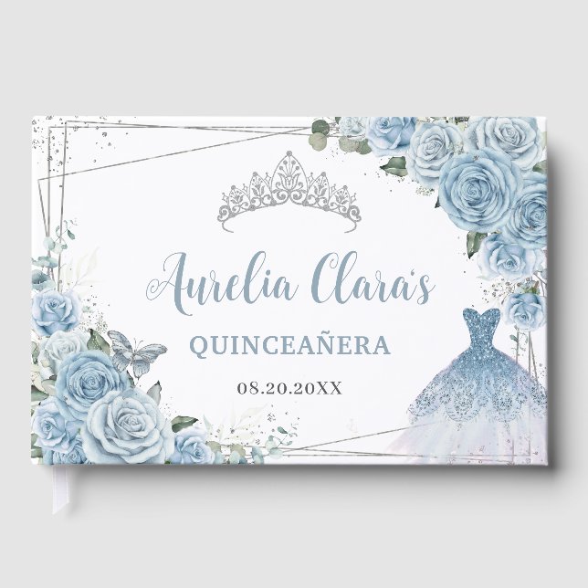 Baby Blue Floral Dress Gown Silver Quinceañera Gästebuch (Vorderseite)
