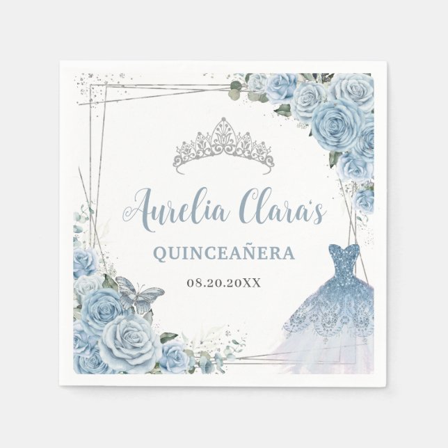 Baby Blue Floral Dress Gown Silver Quinceañera Serviette (Vorderseite)