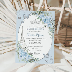 Baby Blue Floral Eiffel Butterflies Quinceañera Einladung
