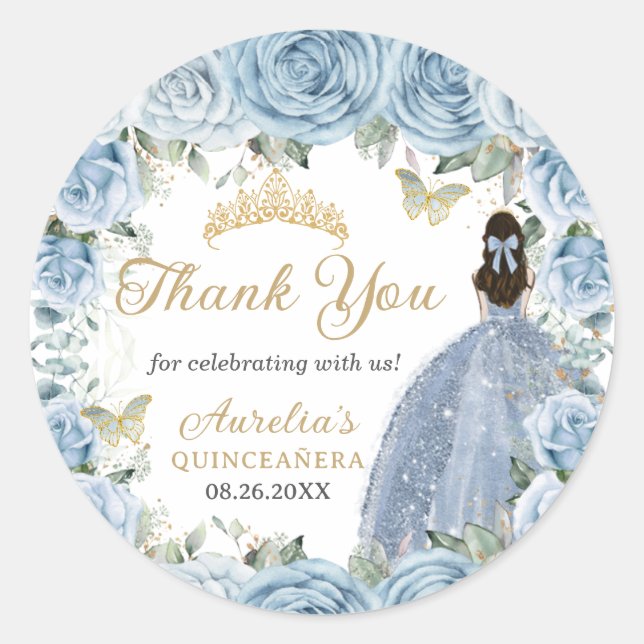 Baby Blue Floral Gold Schmetterlinge Princess Dres Runder Aufkleber (Vorderseite)