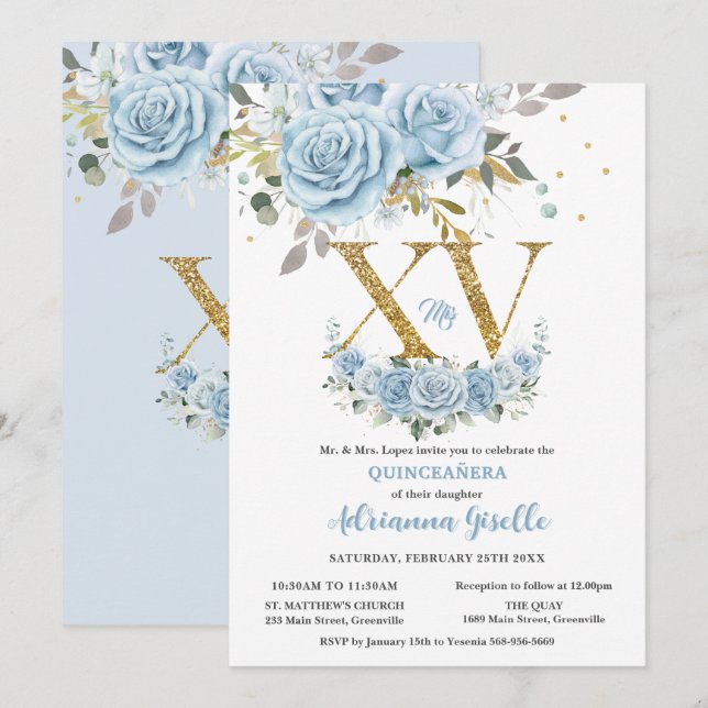 Baby Blue Floral Gold XV Quinceñera Quince 15 Einladung (Vorne/Hinten)