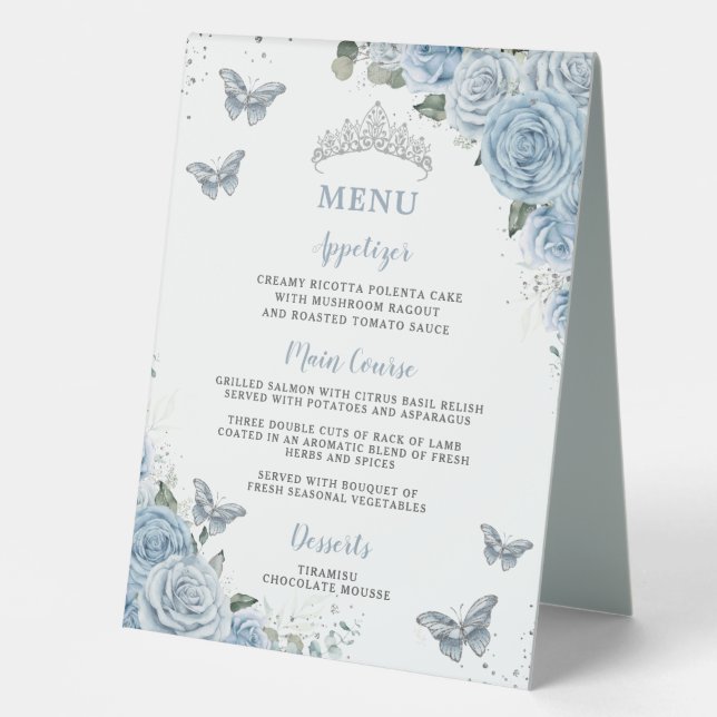 Baby Blue Floral Menu Signature Cocktails Bar XV Tischaufsteller (Vorderseite)