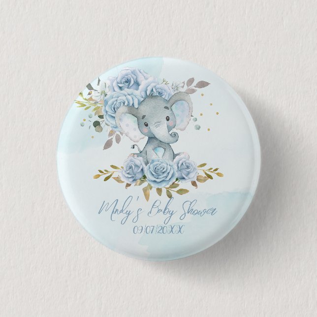 Baby Blue Floral Niedlich Elephant Boy Baby Dusche Button (Vorderseite)