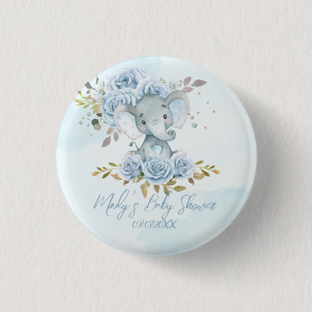 Baby Blue Floral Niedlich Elephant Boy Baby Dusche Button (Vorderseite)
