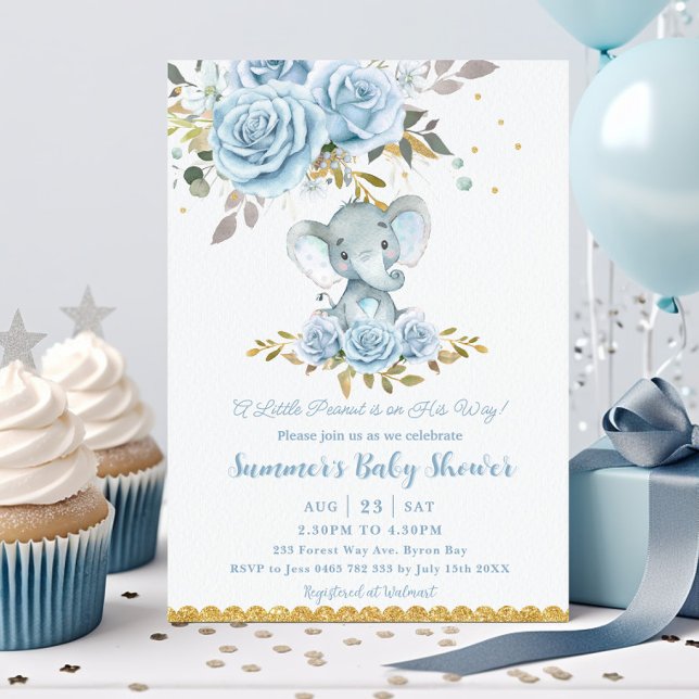 Baby Blue Floral Niedlich Elephant Boy Baby Dusche Einladung (Von Creator hochgeladen)
