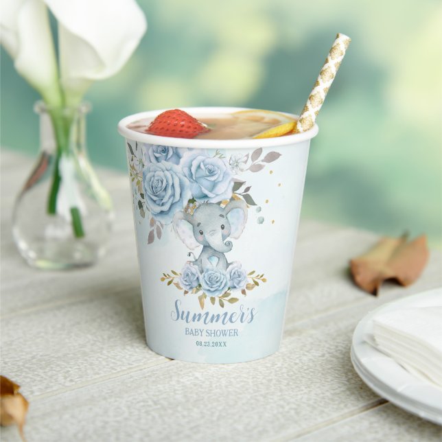 Baby Blue Floral Niedlich Elephant Boy Baby Dusche Pappbecher (In Situ)