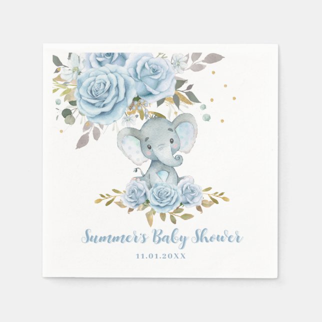 Baby Blue Floral Niedlich Elephant Boy Baby Dusche Serviette (Vorderseite)