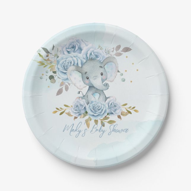 Baby Blue Floral Niedlich Elephant Boy Baby Shower Pappteller (Vorderseite)