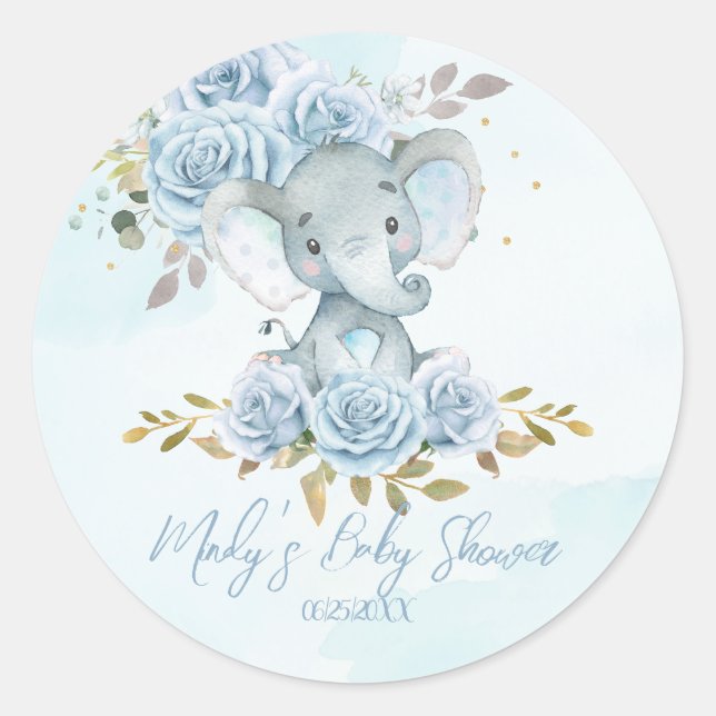 Baby Blue Floral Niedlich Elephant Boy Baby Shower Runder Aufkleber (Vorderseite)