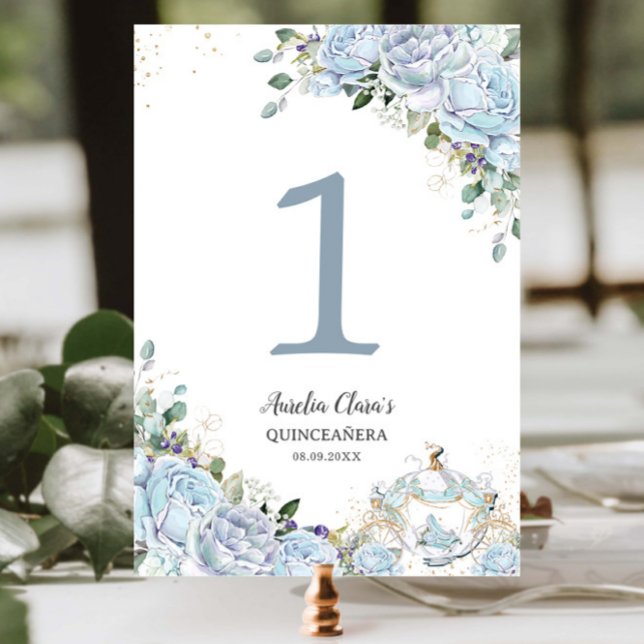 Baby Blue Floral Princess Carriage Quinceanera 16 Tischnummer (Von Creator hochgeladen)