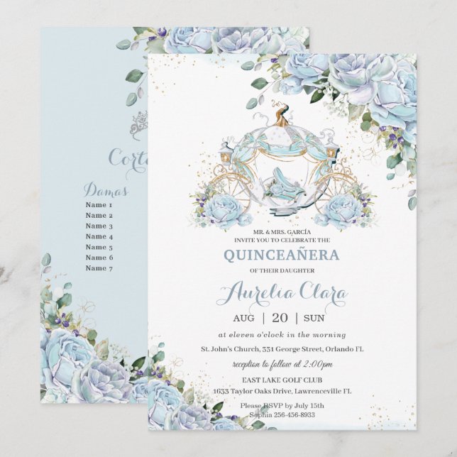 Baby Blue Floral Princess Coach Quinceanera Court Einladung (Vorne/Hinten)
