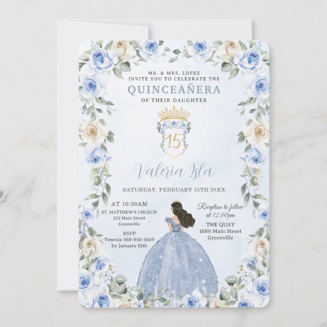 Baby Blue Floral Princess Dress Gold Quinceañera Einladung (Vorderseite)