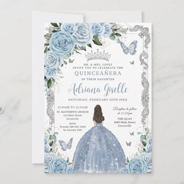 Baby Blue Floral Princess Dress Silver Quinceanera Einladung (Vorderseite)