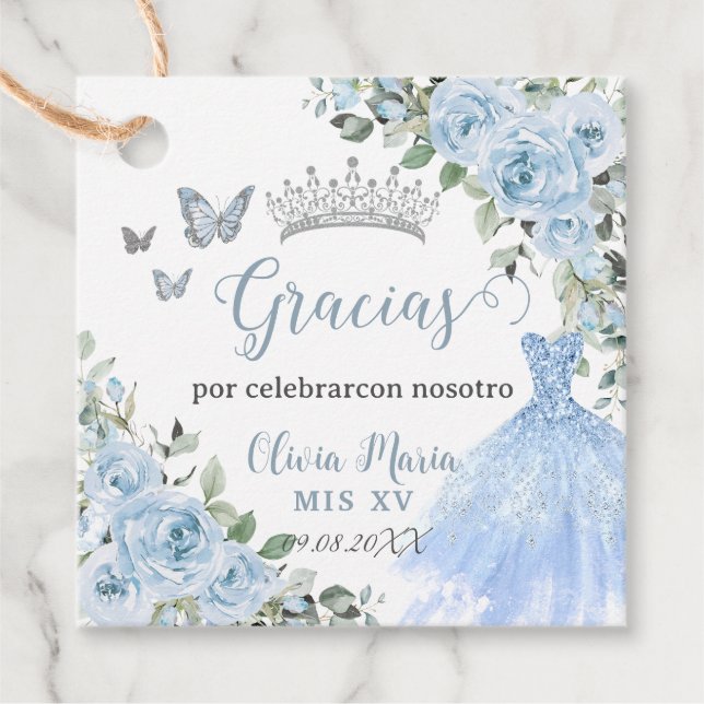 Baby Blue Floral Princess Dress Silver Quinceañera Geschenkanhänger (Vorderseite)