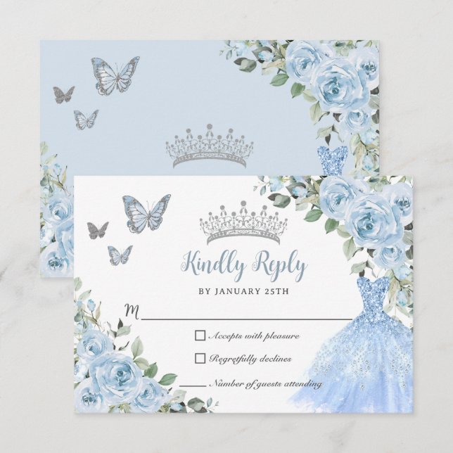 Baby Blue Floral Princess Dress Silver Quinceañera RSVP Karte (Vorne/Hinten)
