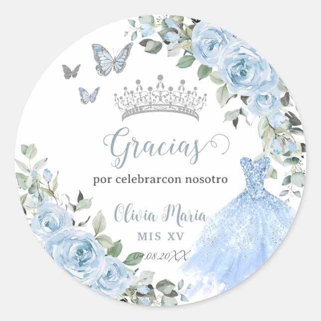 Baby Blue Floral Princess Dress Silver Quinceañera Runder Aufkleber (Vorderseite)