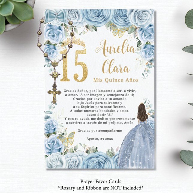 Baby Blue Floral Princesse Quinceañera Carte de pr (baby blue roses floral gold 15 XV princess dress quinceanera rosary prayer card favors printed)