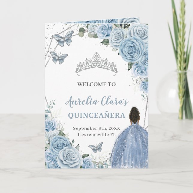 Baby Blue Floral Quinceanera Brown Princess Events Programm (Vorderseite)
