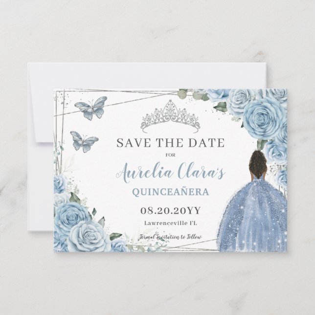 Baby Blue Floral Quinceanera Sweet 16 Brown Girl Save The Date (Vorderseite)