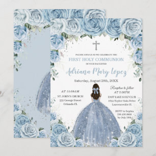 Baby Blue Floral Rose Girl Silver Erste Kommune Einladung