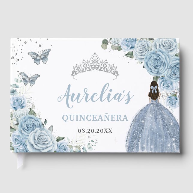 Baby Blue Floral Rose Princess Silver Quinceañera Gästebuch (Vorderseite)