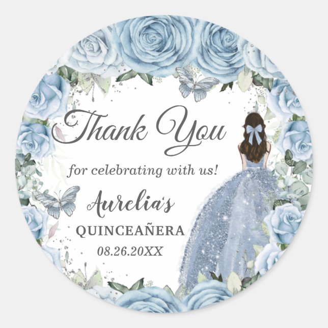 Baby Blue Floral Silver Butterfets Princess Gefall Runder Aufkleber (Vorderseite)