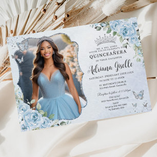 Baby Blue Floral Silver Quinceañera 16. Bild Einladung