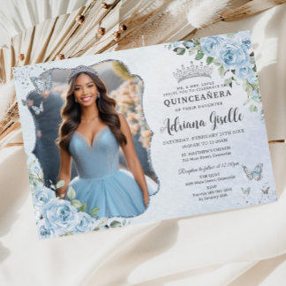 Baby Blue Floral Silver Quinceañera 16. Bild Einladung