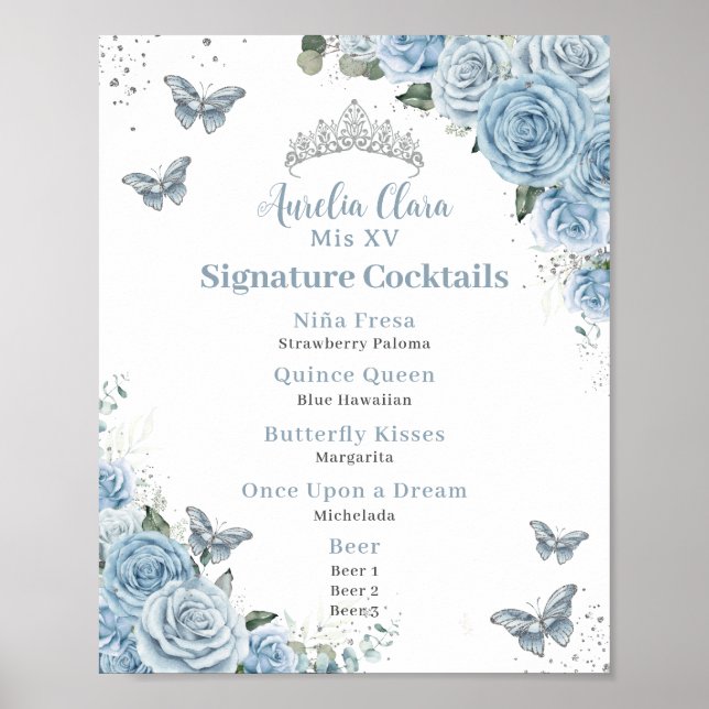 Baby Blue Floral Silver Quinceanera Bar Drink Menü Poster (Vorne)