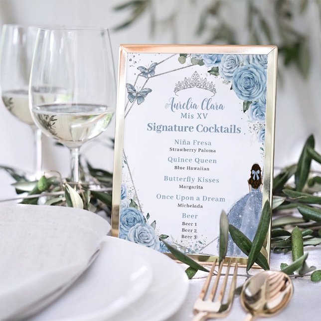 Baby Blue Floral Silver Quinceñera Drink Menü Poster (Von Creator hochgeladen)