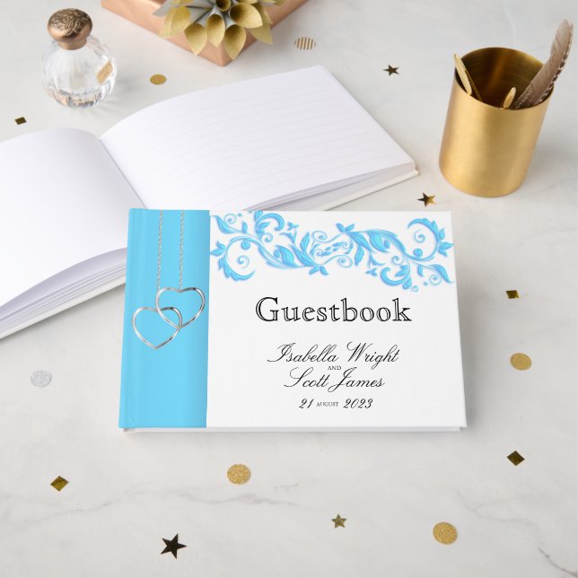Baby Blue Floral Swirl and White - Gästebuch (Vorderseite Offen)
