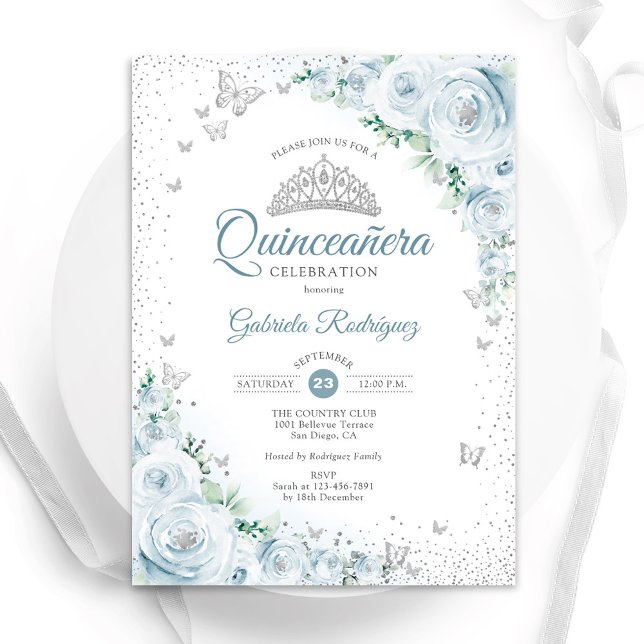 Baby Blue Floral Watercolor Rose Quinceanera Einladung (Von Creator hochgeladen)