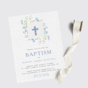 Baby Blue Floral Wreath & Cross Baptisse Einladung