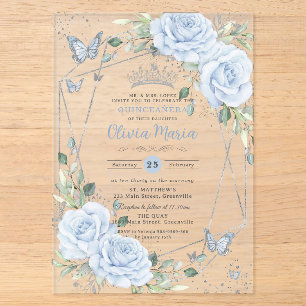 Baby Blue Florale Butterflies Silber Quinceanera Acryleinladungen